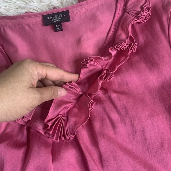 Talbots Blouse Silk Blend Ruffle Neck Size 10p Pink Cap Sleeve - Picture 10 of 11